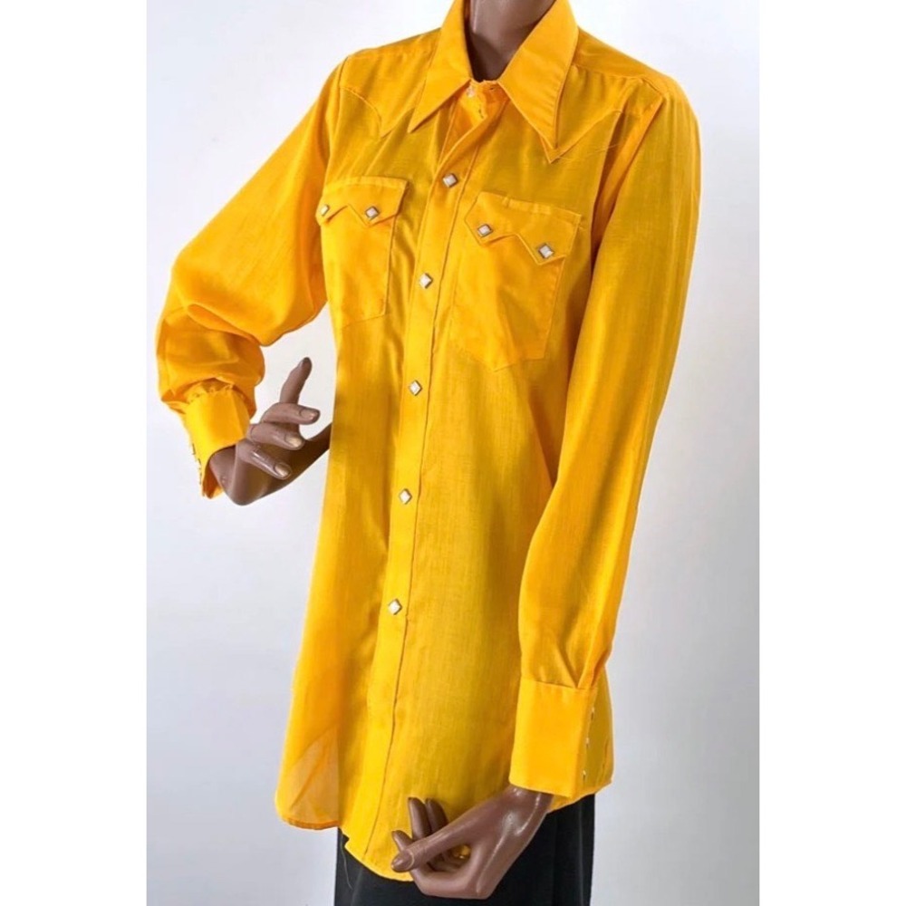 Vintage Rockmount Ranch Wear Western Shirt Yellow Pearl Snap Custom Fitted Mens